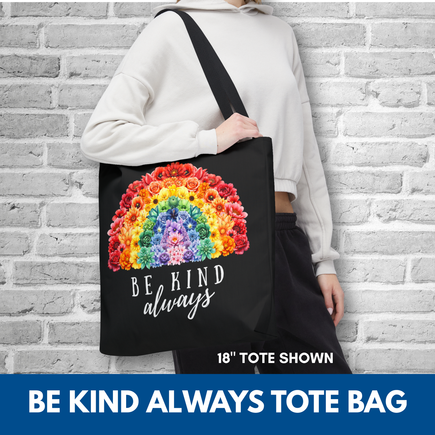 Be Kind Floral Rainbow Tote Bag | Eco-Friendly Reusable Shopping Bag, Beach Tote, Library Bag