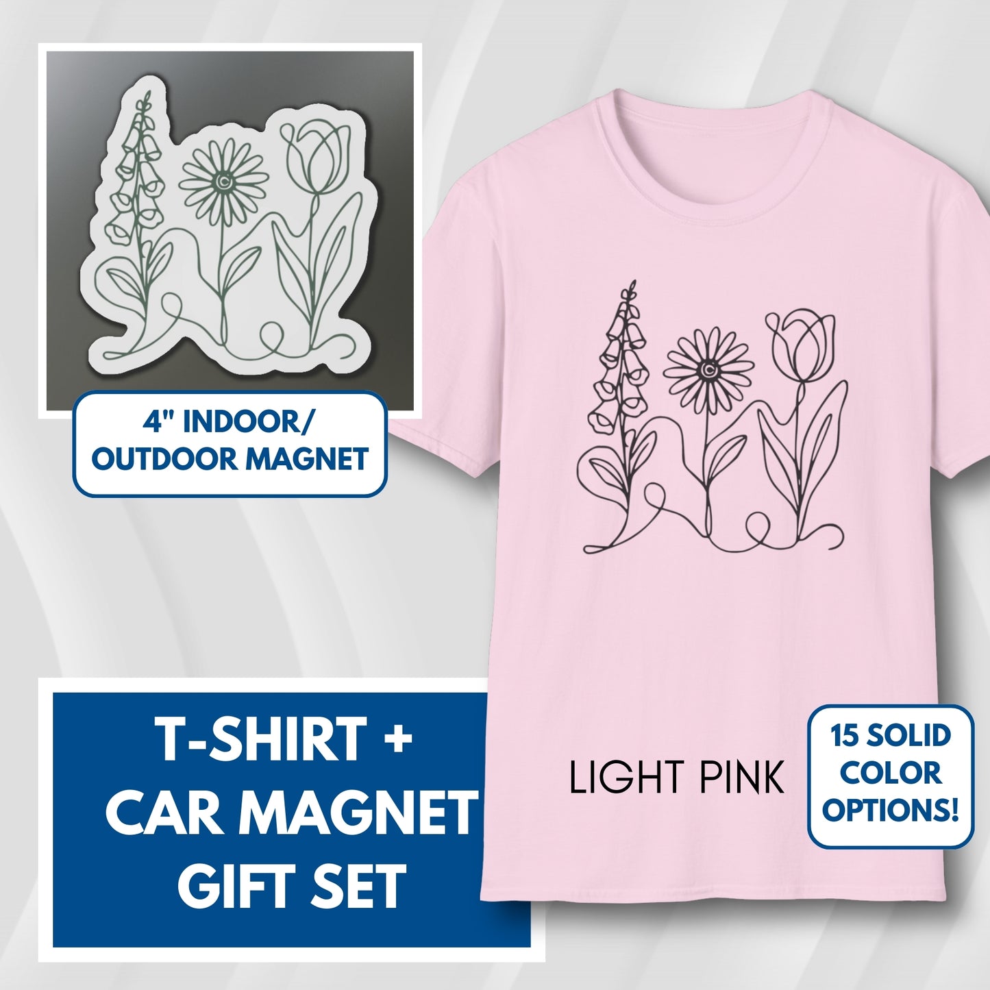 Subtle FDT Flowers Gift Set | Foxglove Daisy Tulip Unisex Cotton T-Shirt + Car Magnet