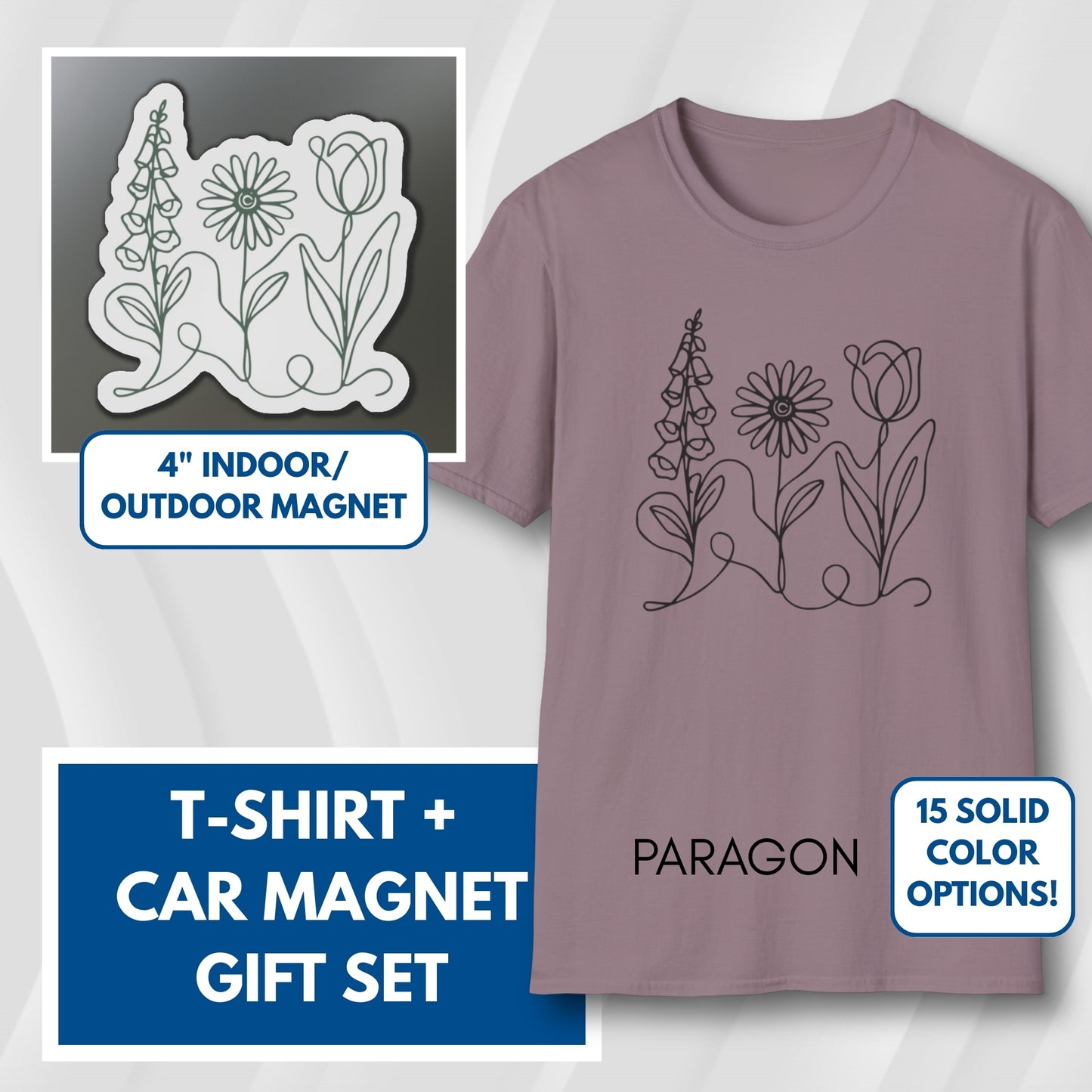 Subtle FDT Flowers Gift Set | Foxglove Daisy Tulip Unisex Cotton T-Shirt + Car Magnet