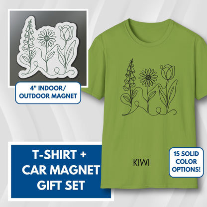 Subtle FDT Flowers Gift Set | Foxglove Daisy Tulip Unisex Cotton T-Shirt + Car Magnet