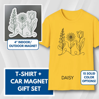 Subtle FDT Flowers Gift Set | Foxglove Daisy Tulip Unisex Cotton T-Shirt + Car Magnet