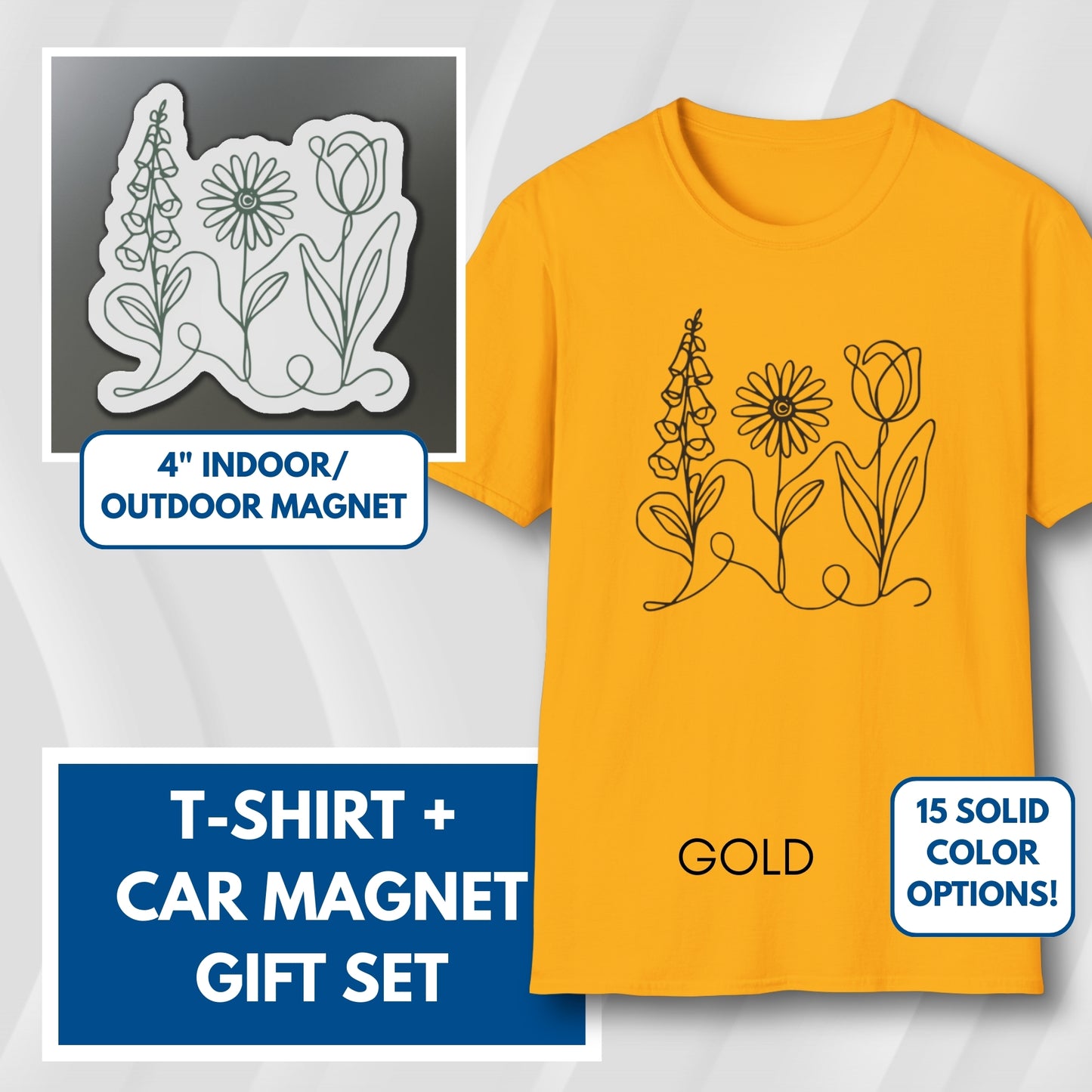 Subtle FDT Flowers Gift Set | Foxglove Daisy Tulip Unisex Cotton T-Shirt + Car Magnet