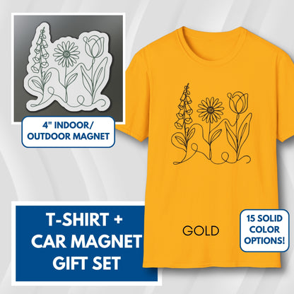 Subtle FDT Flowers Gift Set | Foxglove Daisy Tulip Unisex Cotton T-Shirt + Car Magnet