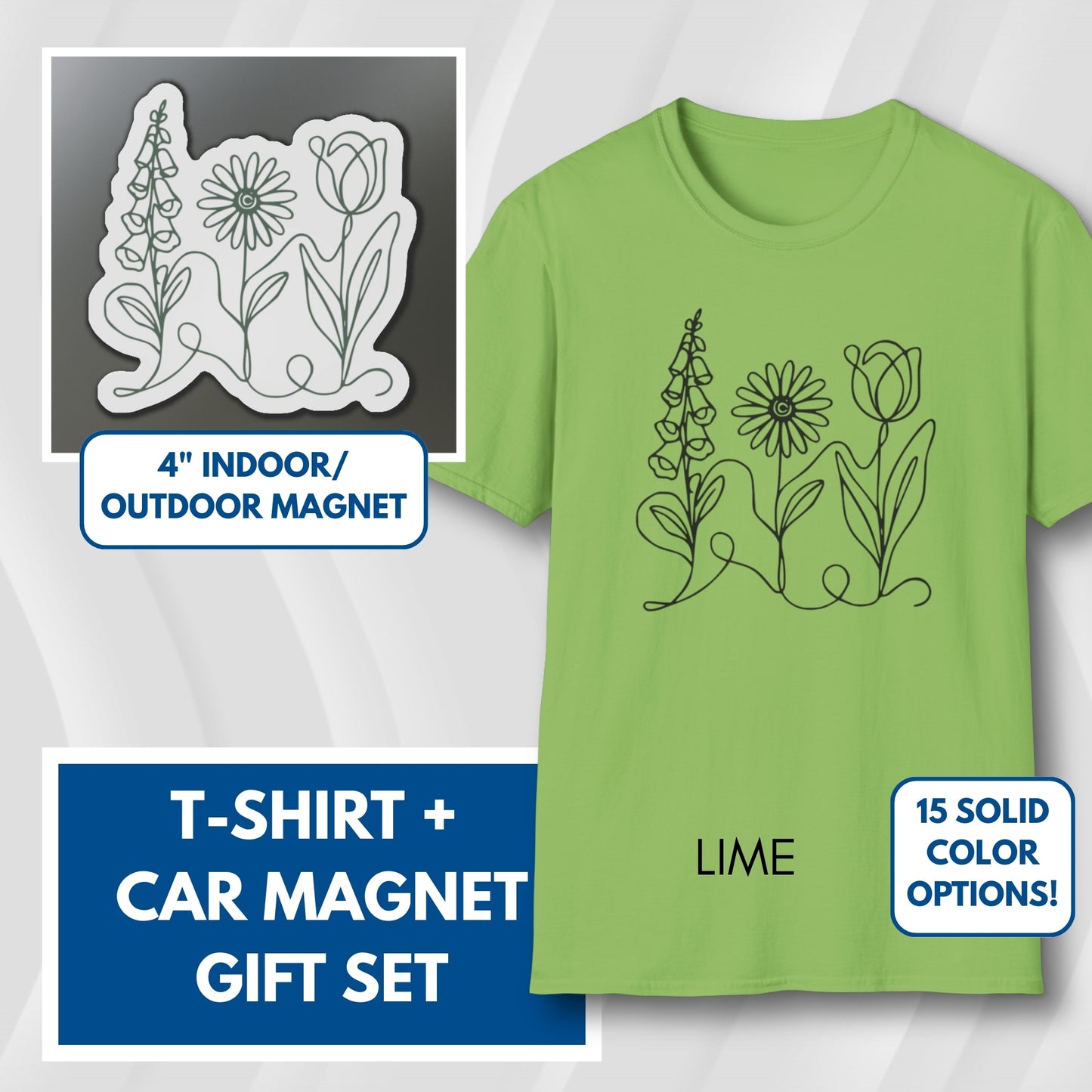 Subtle FDT Flowers Gift Set | Foxglove Daisy Tulip Unisex Cotton T-Shirt + Car Magnet