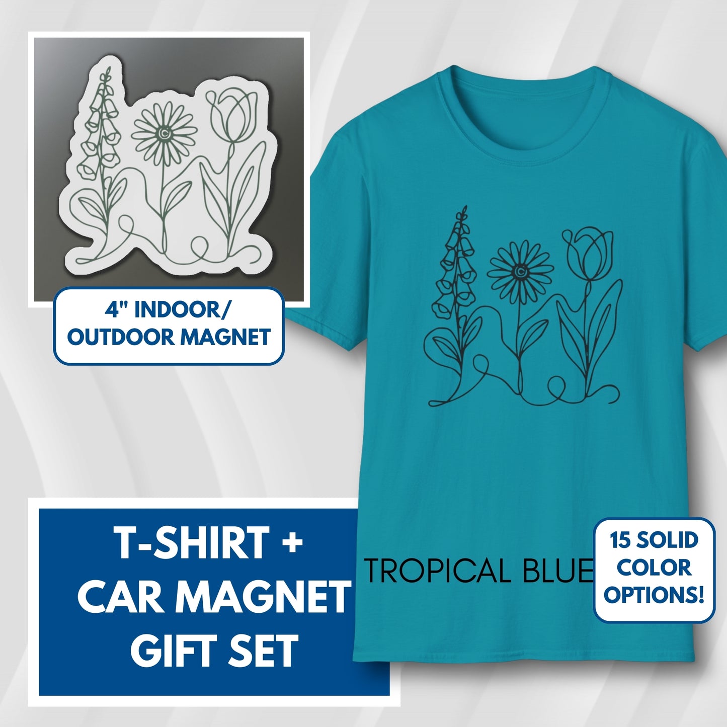 Subtle FDT Flowers Gift Set | Foxglove Daisy Tulip Unisex Cotton T-Shirt + Car Magnet