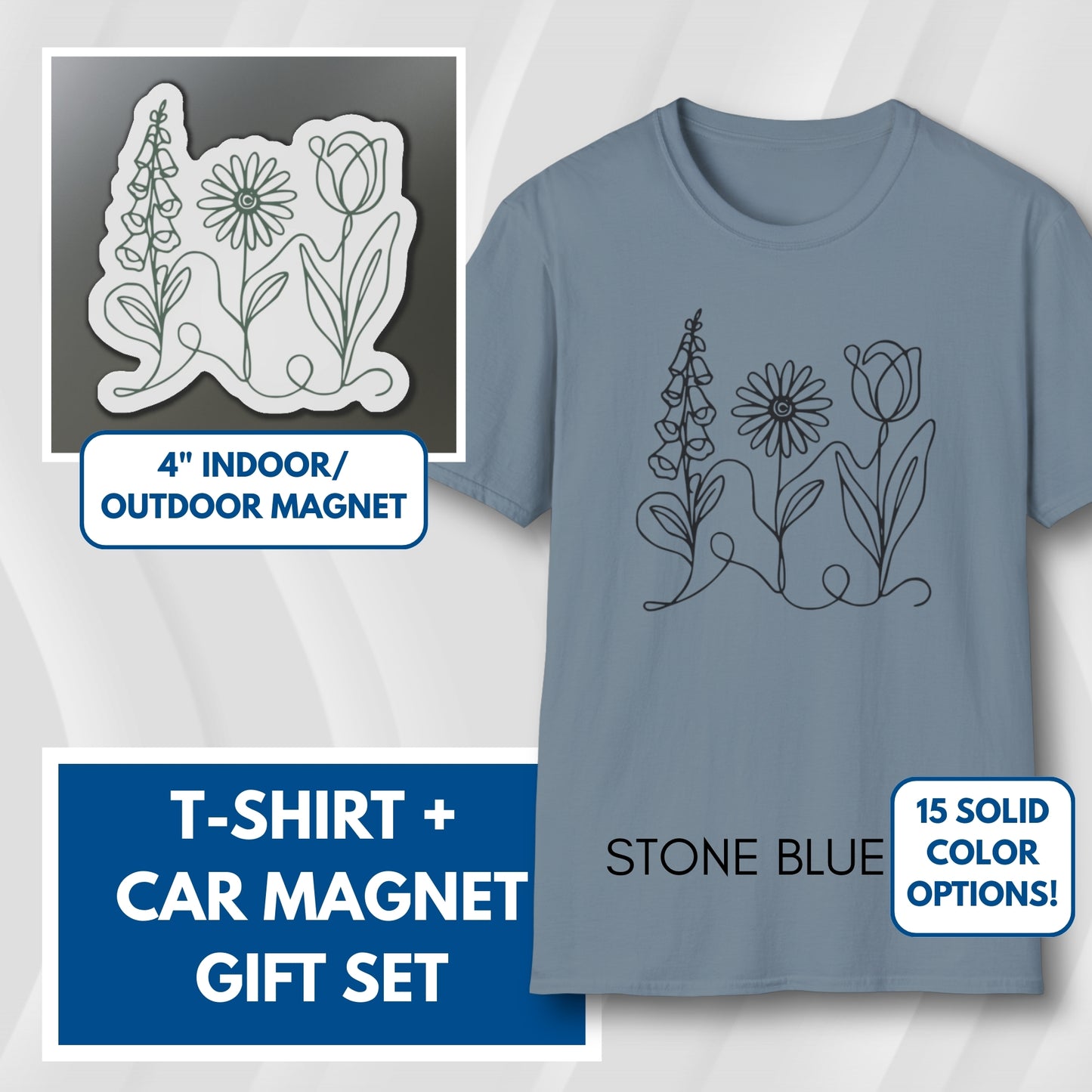 Subtle FDT Flowers Gift Set | Foxglove Daisy Tulip Unisex Cotton T-Shirt + Car Magnet