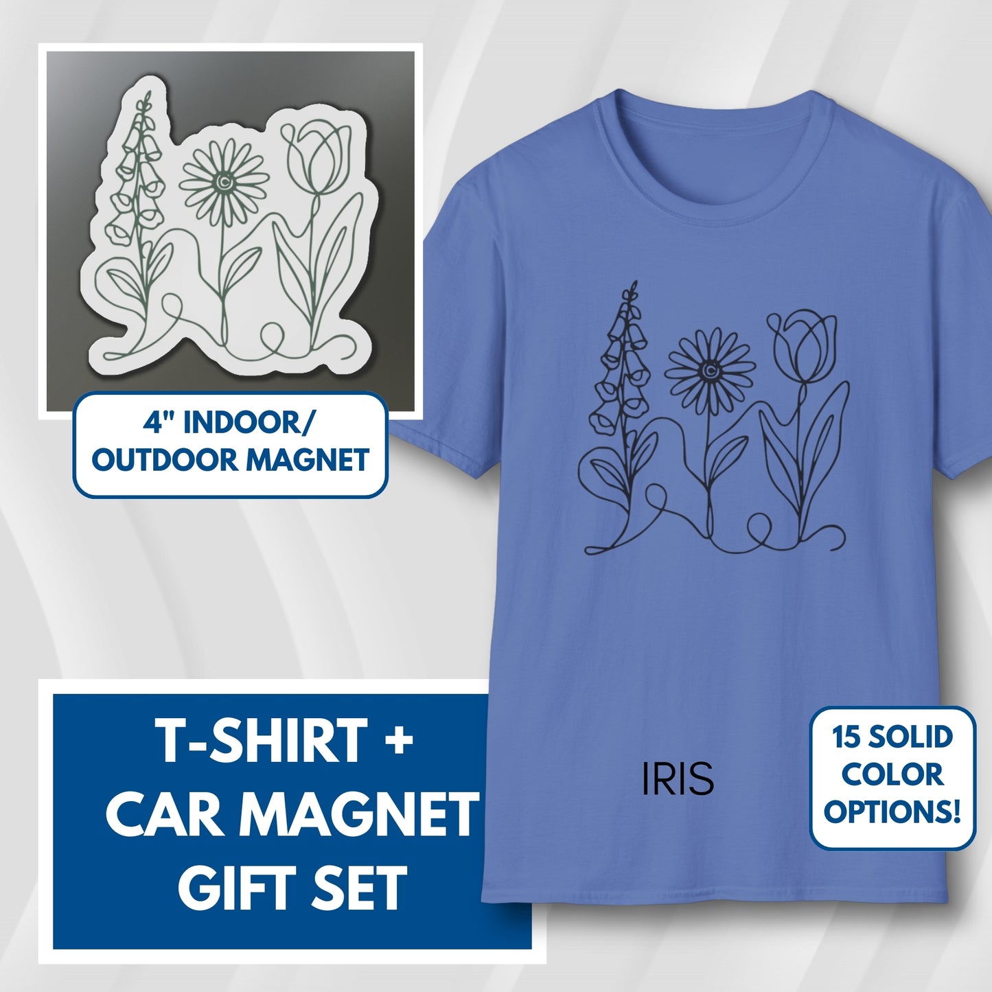Subtle FDT Flowers Gift Set | Foxglove Daisy Tulip Unisex Cotton T-Shirt + Car Magnet
