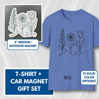 Subtle FDT Flowers Gift Set | Foxglove Daisy Tulip Unisex Cotton T-Shirt + Car Magnet