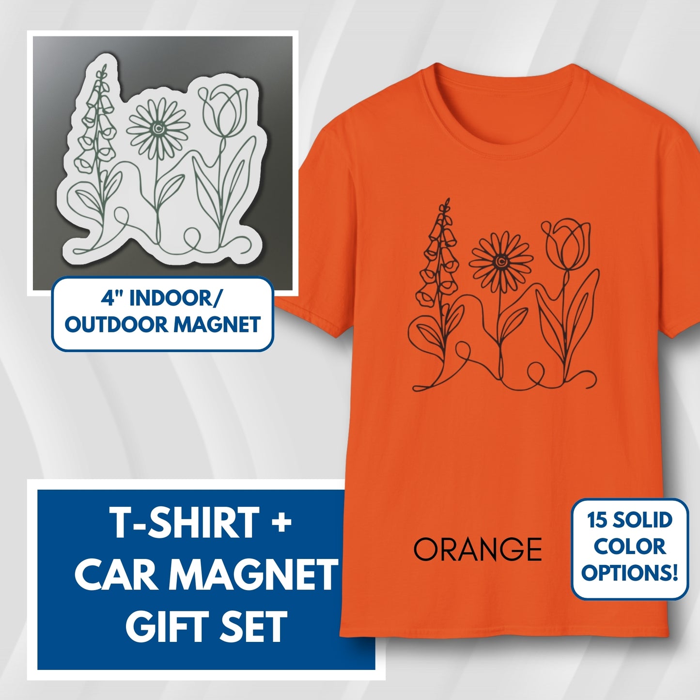 Subtle FDT Flowers Gift Set | Foxglove Daisy Tulip Unisex Cotton T-Shirt + Car Magnet