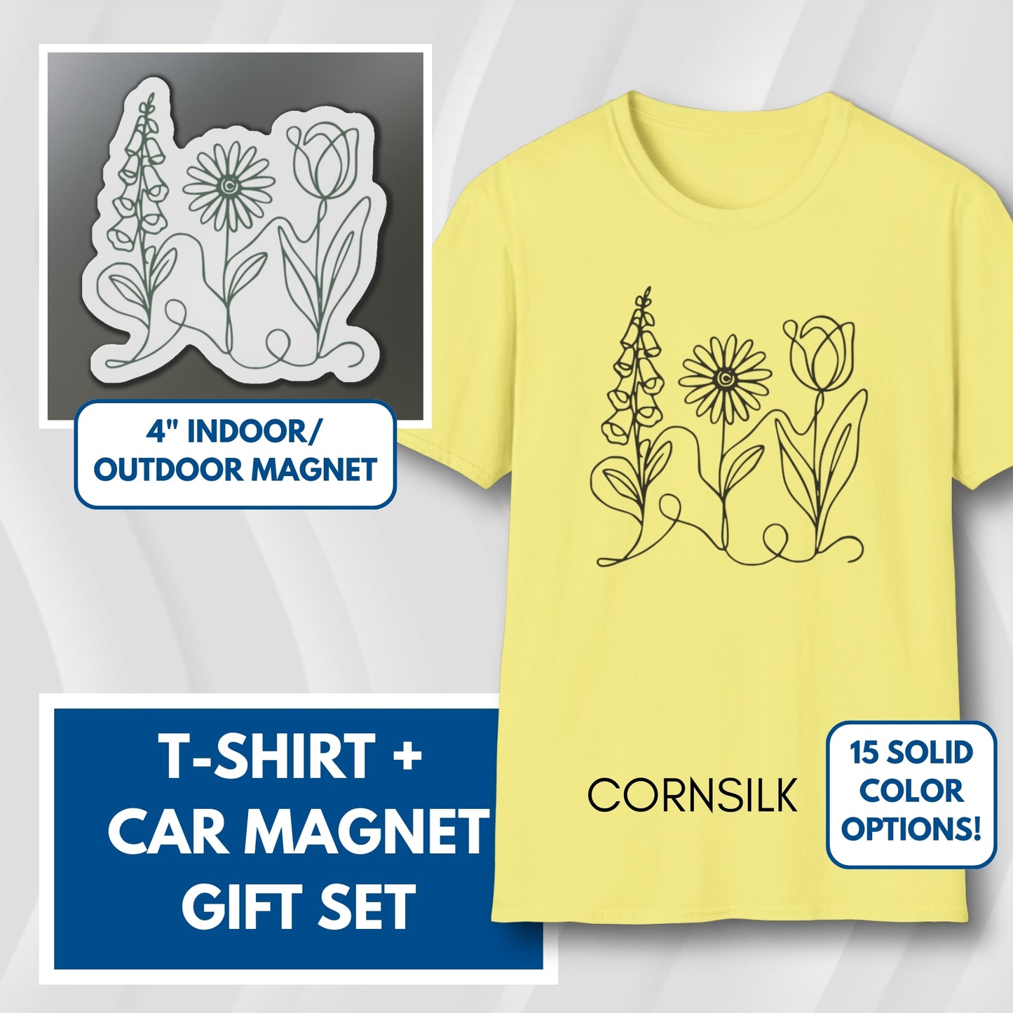 Subtle FDT Flowers Gift Set | Foxglove Daisy Tulip Unisex Cotton T-Shirt + Car Magnet