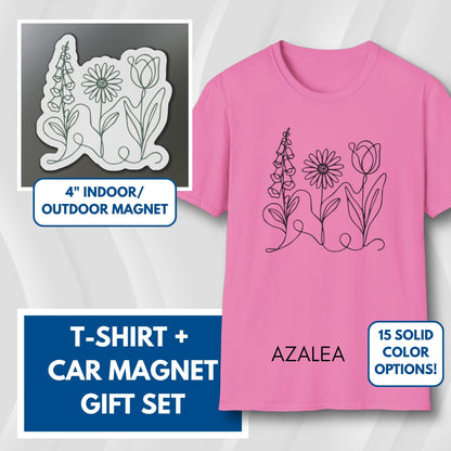 Subtle FDT Flowers Gift Set | Foxglove Daisy Tulip Unisex Cotton T-Shirt + Car Magnet