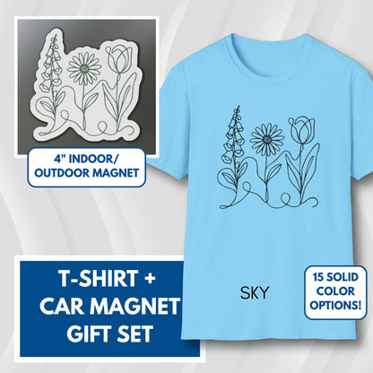Subtle FDT Flowers Gift Set | Foxglove Daisy Tulip Unisex Cotton T-Shirt + Car Magnet
