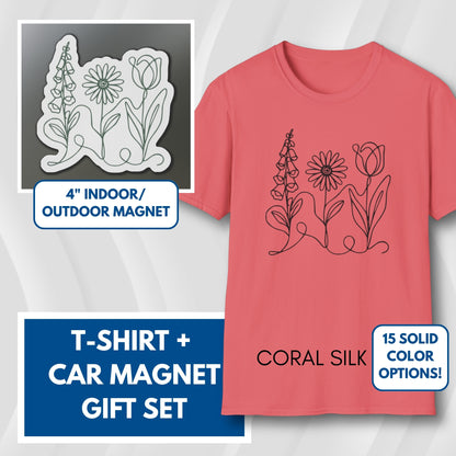 Subtle FDT Flowers Gift Set | Foxglove Daisy Tulip Unisex Cotton T-Shirt + Car Magnet