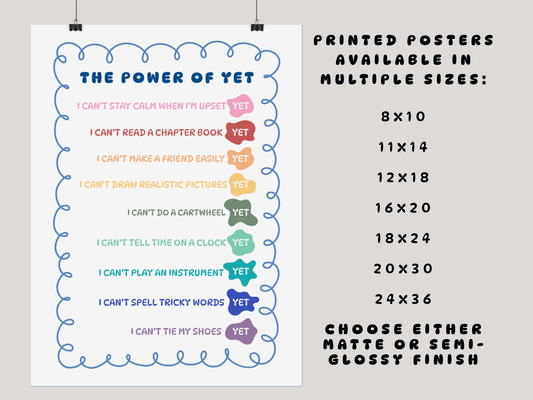 The Power of Yet Poster | Growth Mindset Therapist Classroom Decor, Positive Affirmations (Physical Item)