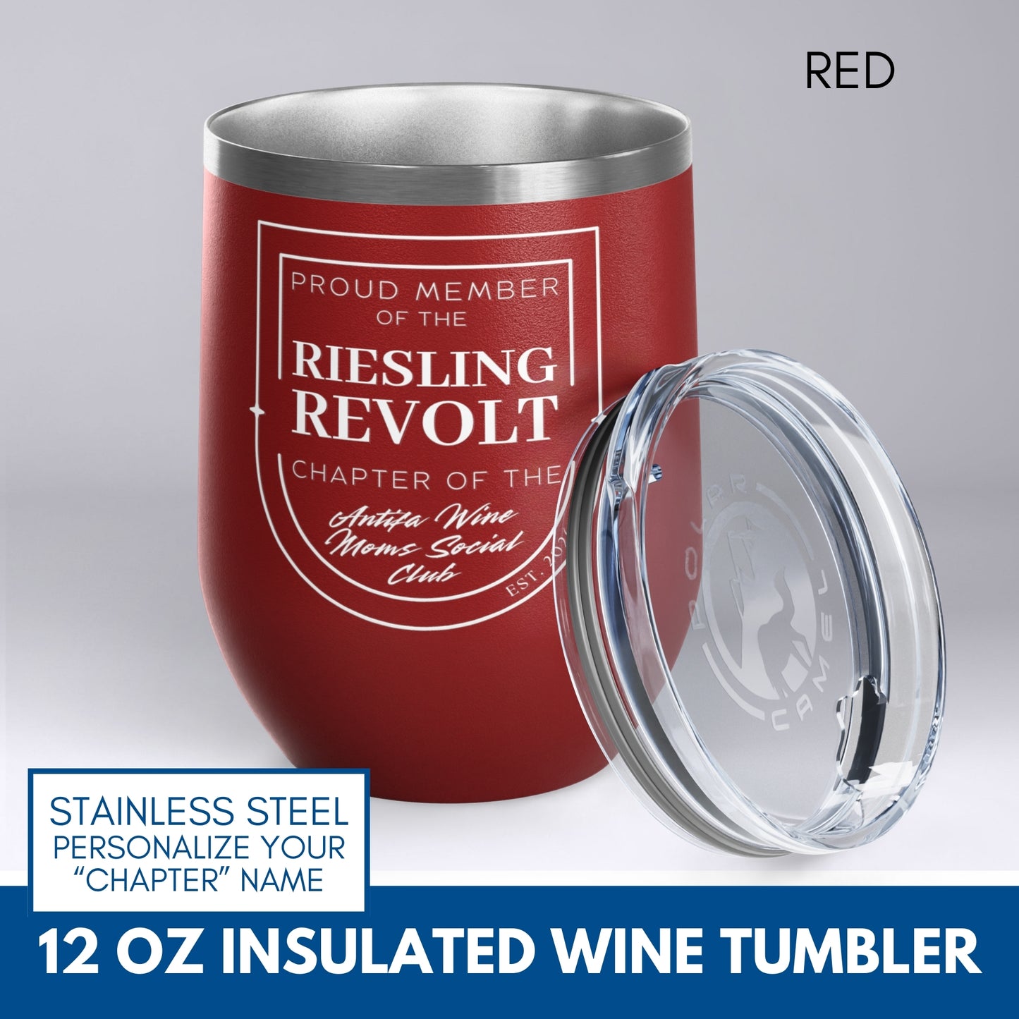 Personalized Antifa Wine Moms Social Club Tumbler | 12oz Stemless Insulated Stainless Steel, Anti Fascist Mom Gang