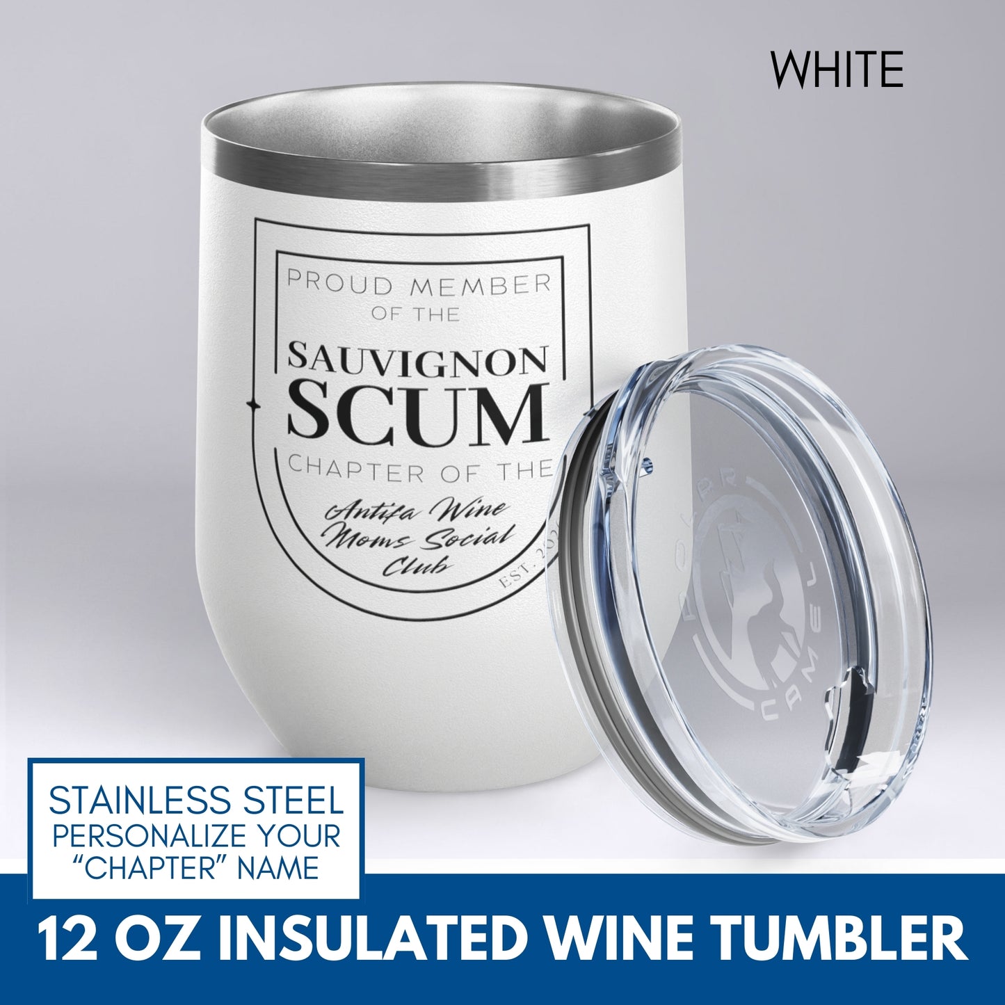 Personalized Antifa Wine Moms Social Club Tumbler | 12oz Stemless Insulated Stainless Steel, Anti Fascist Mom Gang