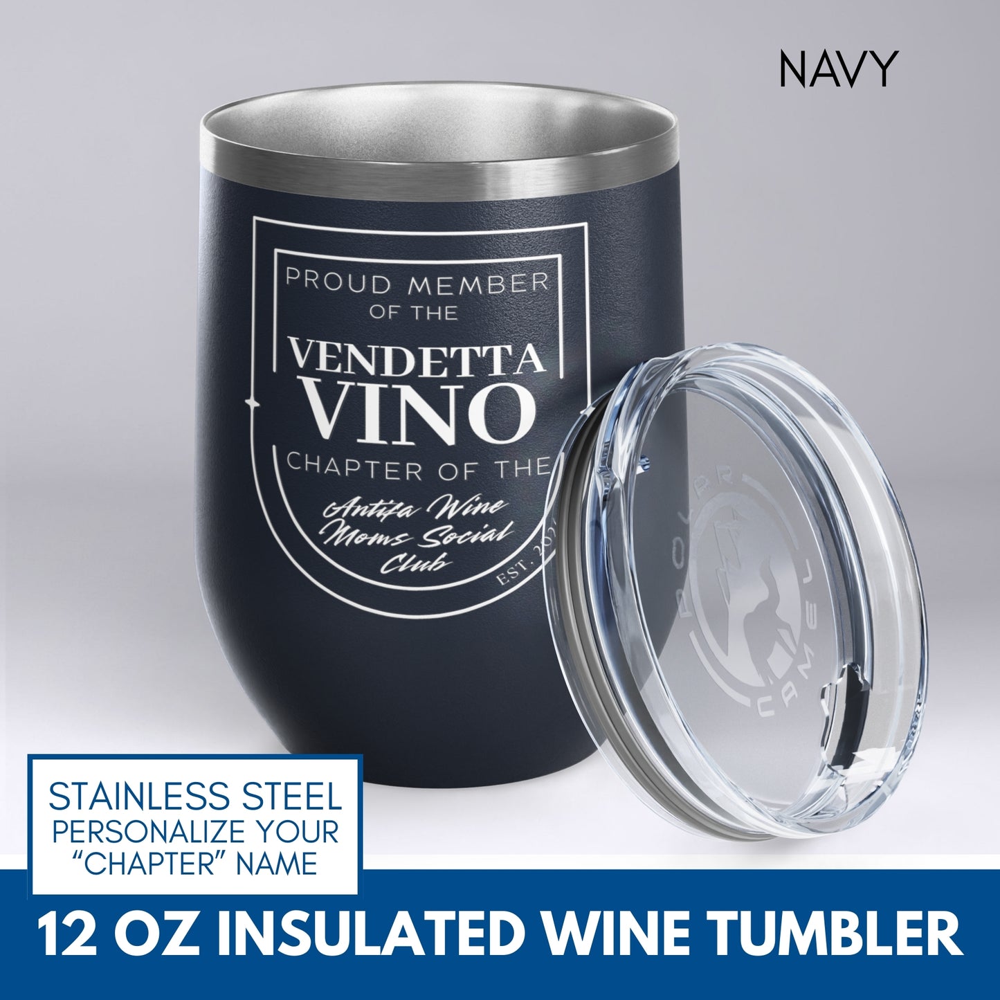 Personalized Antifa Wine Moms Social Club Tumbler | 12oz Stemless Insulated Stainless Steel, Anti Fascist Mom Gang