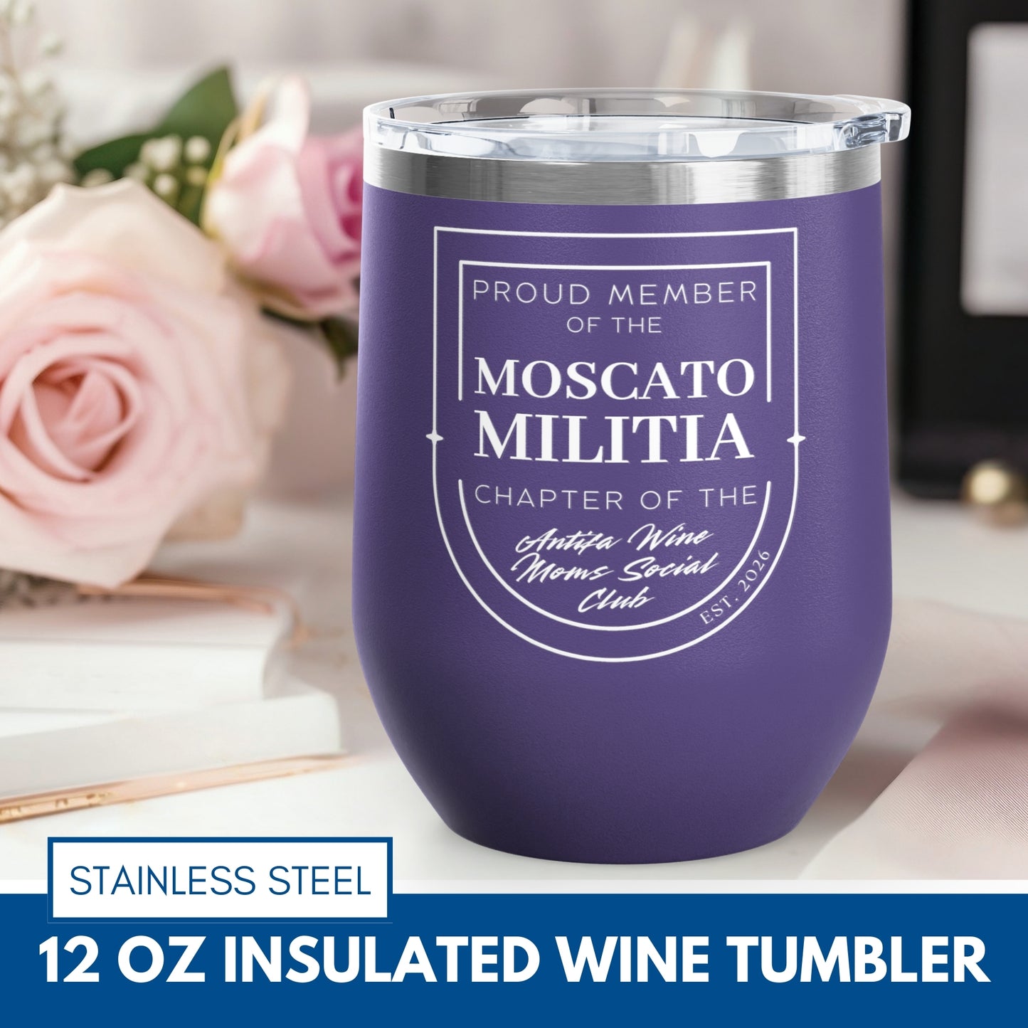 Personalized Antifa Wine Moms Social Club Tumbler | 12oz Stemless Insulated Stainless Steel, Anti Fascist Mom Gang