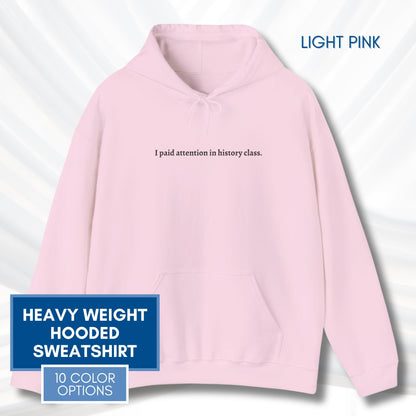Political Activism Hoodie | Embroidered Unisex Hooded Sweatshirt, "I paid attention in history class."