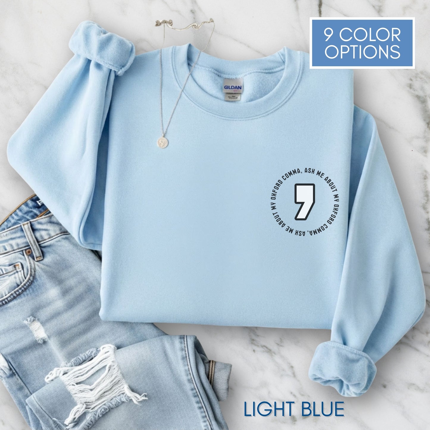Oxford Comma Embroidered Crewneck Sweatshirt | Literary Apparel, English Language Pullover