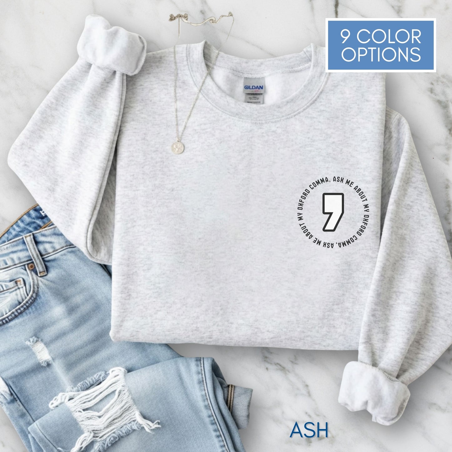 Oxford Comma Embroidered Crewneck Sweatshirt | Literary Apparel, English Language Pullover