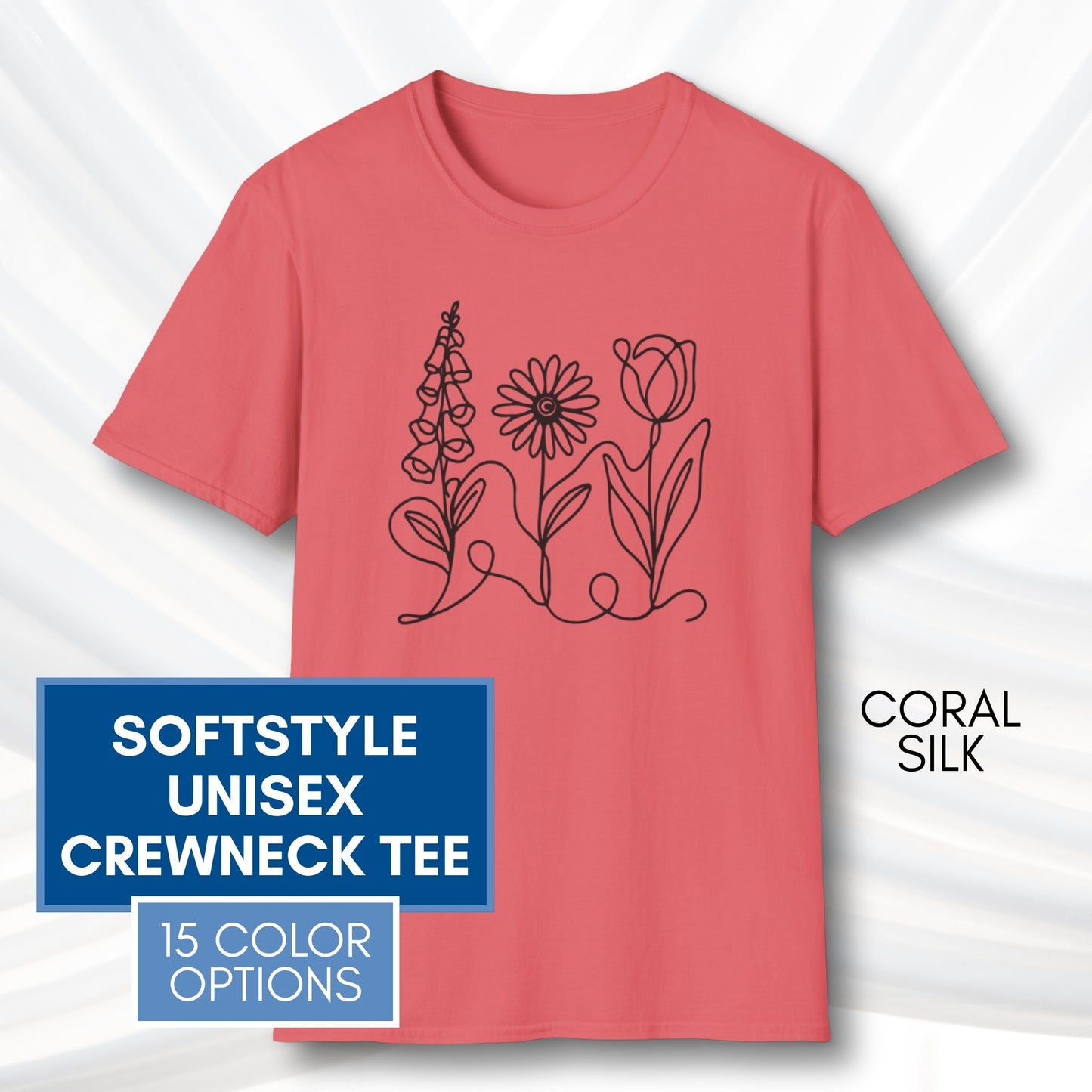 *Subtle FDT Flowers Unisex Softstyle T-Shirt | Foxglove Daisy Tulip, 100% Cotton
