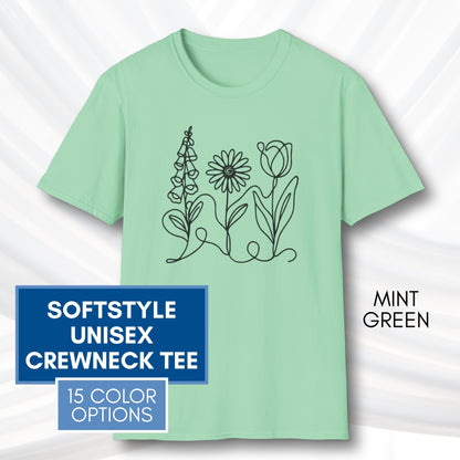 *Subtle FDT Flowers Unisex Softstyle T-Shirt | Foxglove Daisy Tulip, 100% Cotton