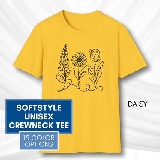 *Subtle FDT Flowers Unisex Softstyle T-Shirt | Foxglove Daisy Tulip, 100% Cotton