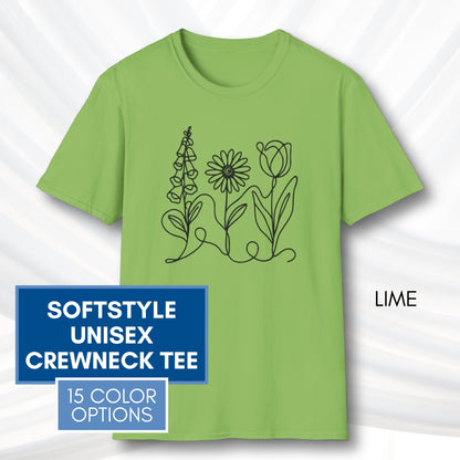 *Subtle FDT Flowers Unisex Softstyle T-Shirt | Foxglove Daisy Tulip, 100% Cotton