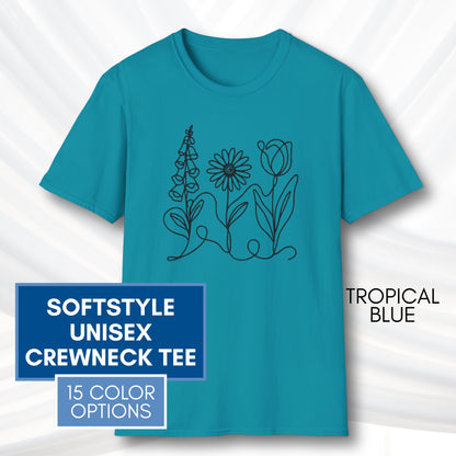 *Subtle FDT Flowers Unisex Softstyle T-Shirt | Foxglove Daisy Tulip, 100% Cotton