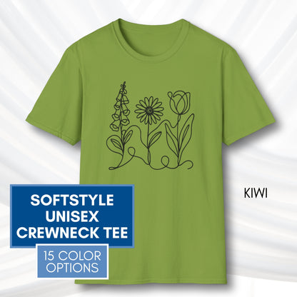 *Subtle FDT Flowers Unisex Softstyle T-Shirt | Foxglove Daisy Tulip, 100% Cotton