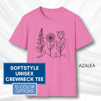 *Subtle FDT Flowers Unisex Softstyle T-Shirt | Foxglove Daisy Tulip, 100% Cotton