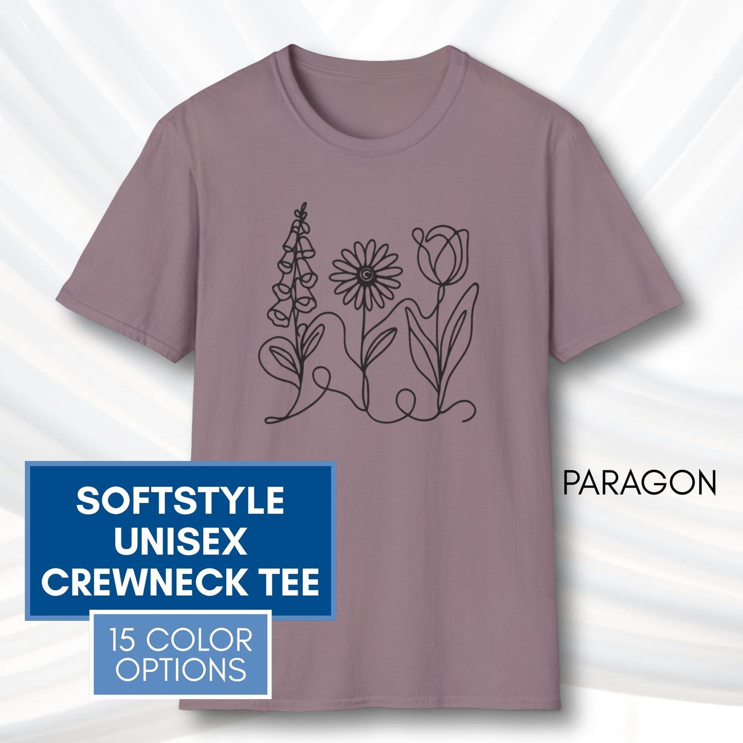 *Subtle FDT Flowers Unisex Softstyle T-Shirt | Foxglove Daisy Tulip, 100% Cotton