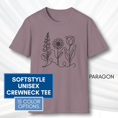 *Subtle FDT Flowers Unisex Softstyle T-Shirt | Foxglove Daisy Tulip, 100% Cotton