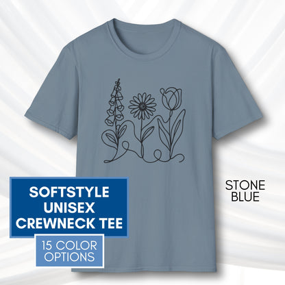 *Subtle FDT Flowers Unisex Softstyle T-Shirt | Foxglove Daisy Tulip, 100% Cotton