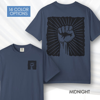 Raised Fist Solidarity Protest Graphic T-shirt | Vintage Linocut Tee (Comfort Colors)