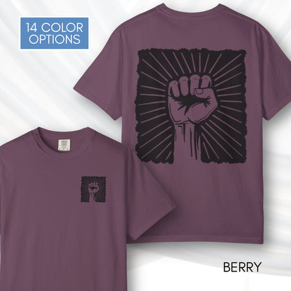 Raised Fist Solidarity Protest Graphic T-shirt | Vintage Linocut Tee (Comfort Colors)