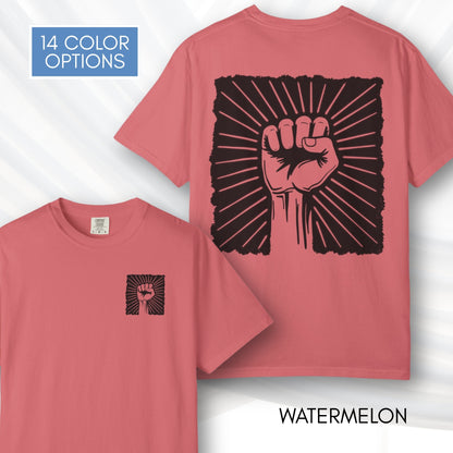 Raised Fist Solidarity Protest Graphic T-shirt | Vintage Linocut Tee (Comfort Colors)