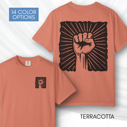 Raised Fist Solidarity Protest Graphic T-shirt | Vintage Linocut Tee (Comfort Colors)