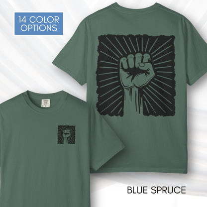 Raised Fist Solidarity Protest Graphic T-shirt | Vintage Linocut Tee (Comfort Colors)
