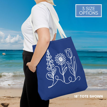 Foxglove Daisy Tulip Tote | Blue and White Subtle FDT Flowers Reusable Bag