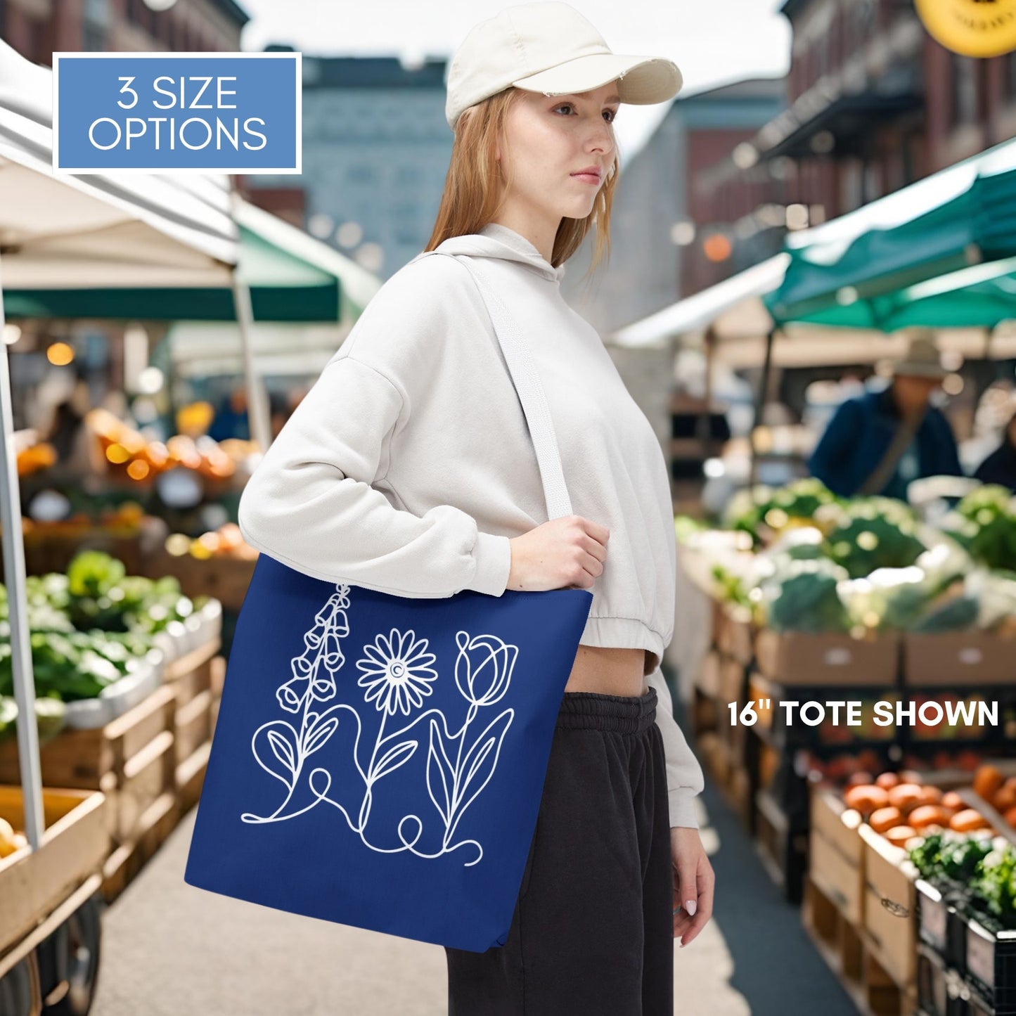 Foxglove Daisy Tulip Tote | Blue and White Subtle FDT Flowers Reusable Bag