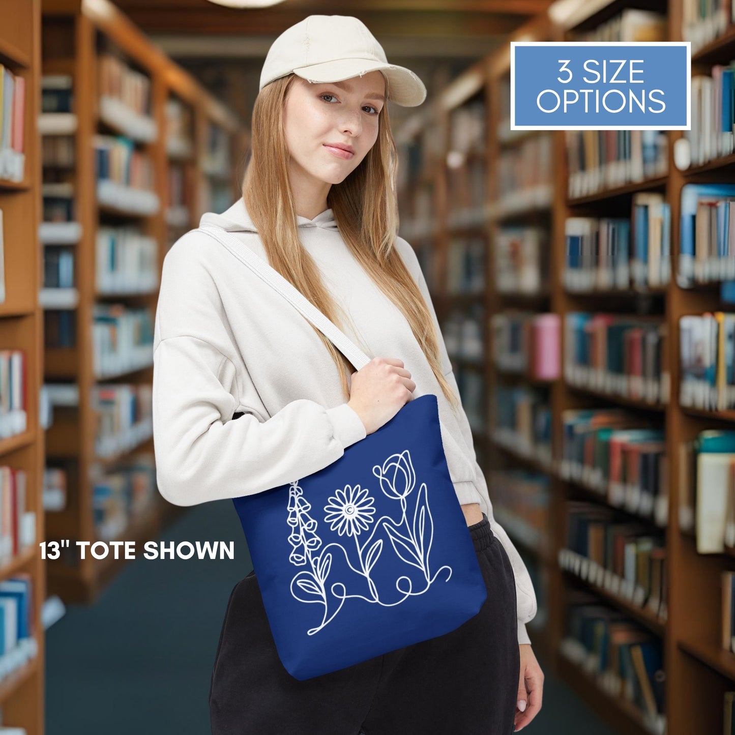Foxglove Daisy Tulip Tote | Blue and White Subtle FDT Flowers Reusable Bag