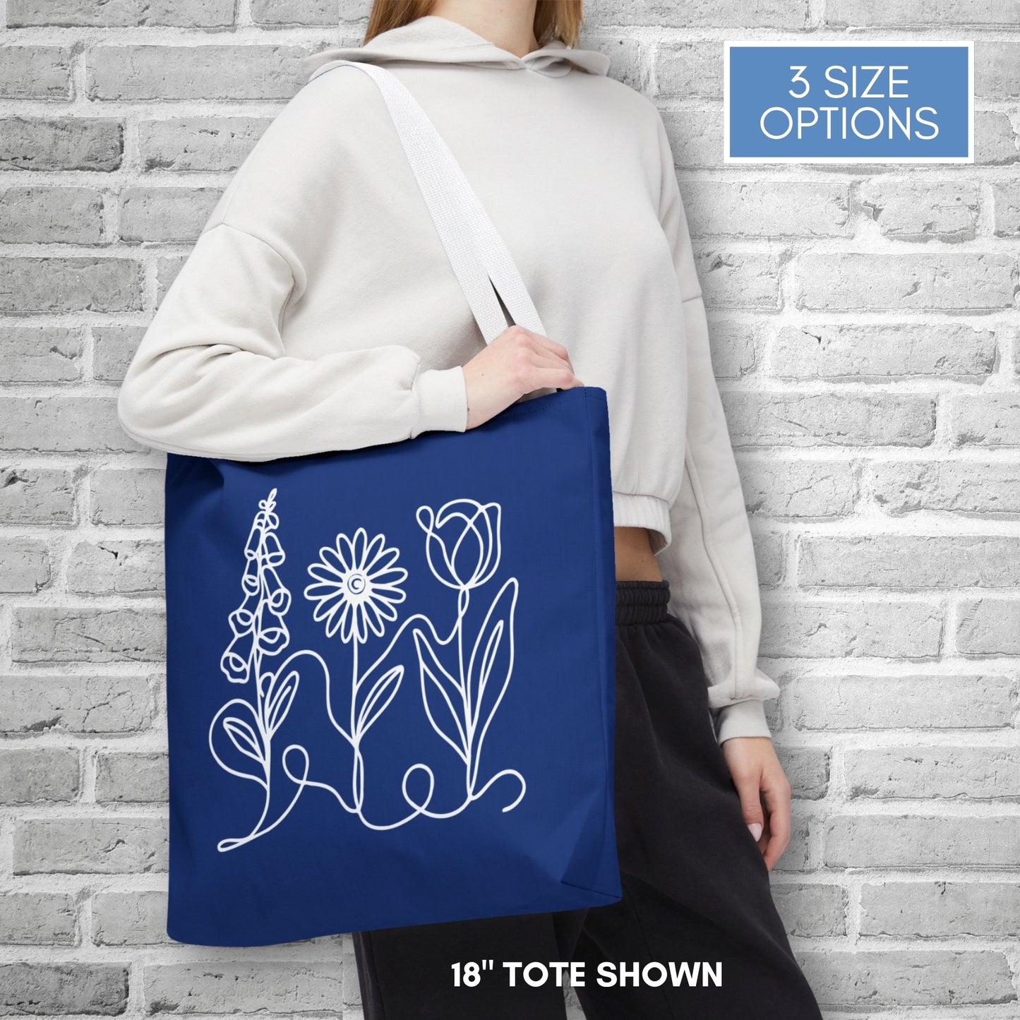 Foxglove Daisy Tulip Tote | Blue and White Subtle FDT Flowers Reusable Bag