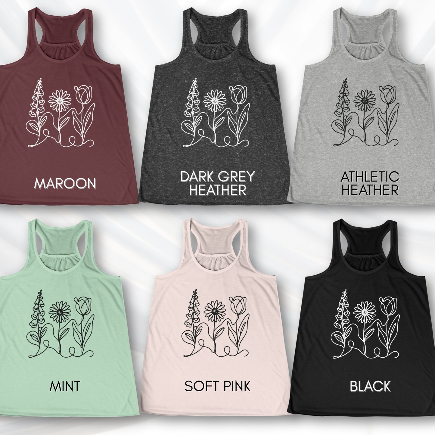 Foxglove Daisy Tulip Racerback Tank Top | Women's Flowy Summer Workout Shirt, Subtle FDT Flowers