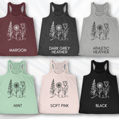 Foxglove Daisy Tulip Racerback Tank Top | Women's Flowy Summer Workout Shirt, Subtle FDT Flowers
