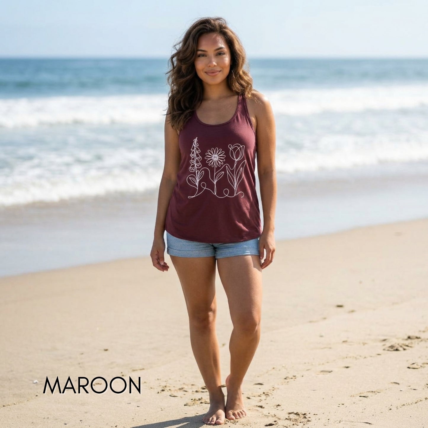 Foxglove Daisy Tulip Racerback Tank Top | Women's Flowy Summer Workout Shirt, Subtle FDT Flowers