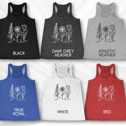Foxglove Daisy Tulip Racerback Tank Top | Women's Flowy Summer Workout Shirt, Subtle FDT Flowers