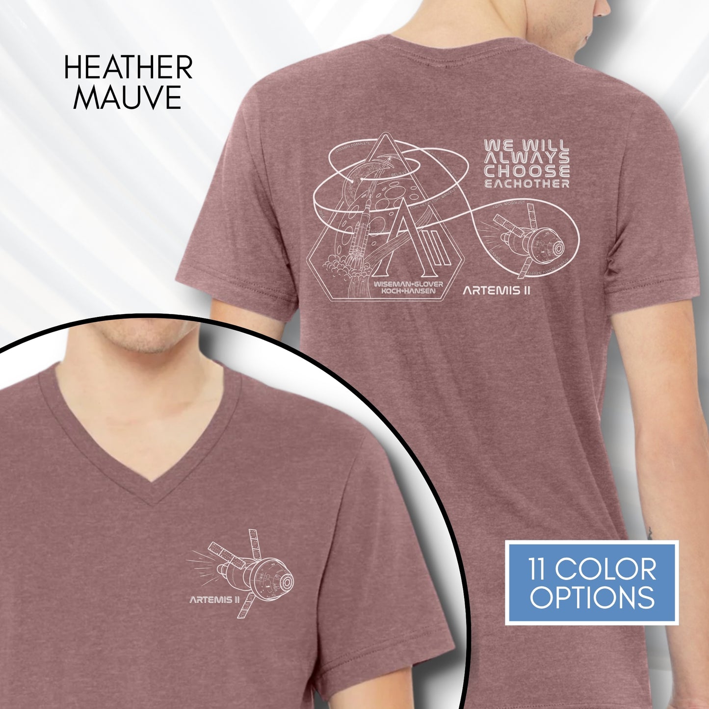 Artemis II Mission, NASA Inspired Unisex V-Neck Graphic Tee | Space Lover T-Shirt, Hand Drawn Art