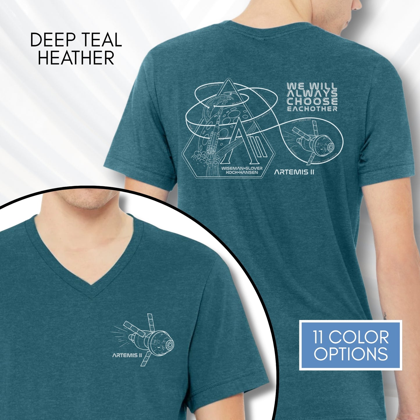 Artemis II Mission, NASA Inspired Unisex V-Neck Graphic Tee | Space Lover T-Shirt, Hand Drawn Art